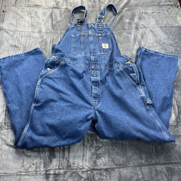 Carhartt Overalls 44x30 R07DST Denim Bib Stonewash Workwear Made In USA Y2K